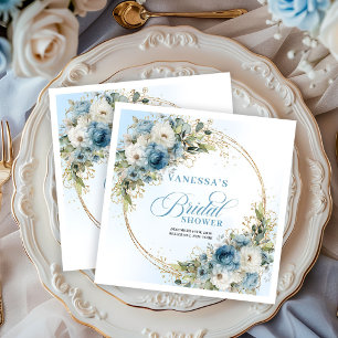 Boho light blue flowers eucalyptus gold bridal  napkin