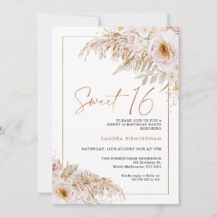 Boho Light Blush Floral Pampas Grass 16th Birthday Invitation