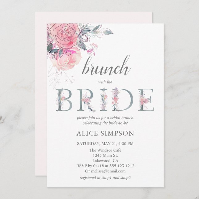 Boho Light Soft Pink Flower Bridal Brunch Shower Invitation (Front/Back)