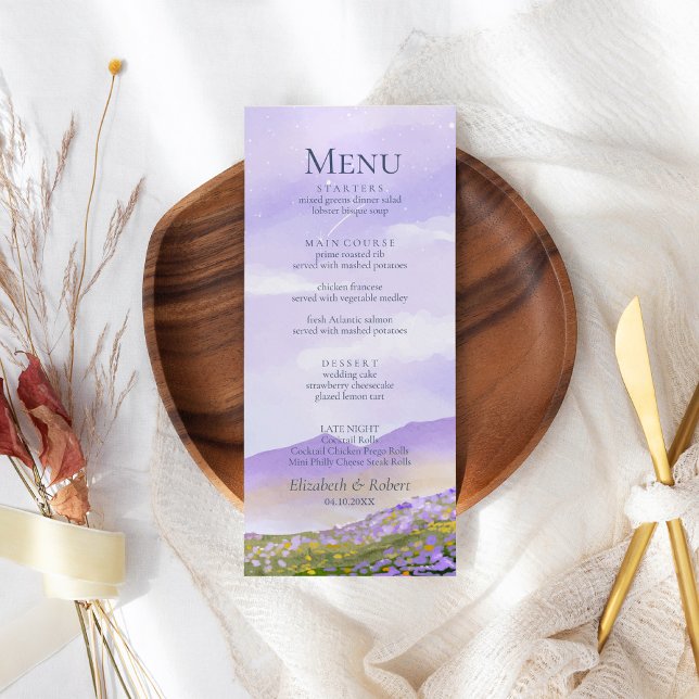 Boho Lilac Night Mountain Landcape Menu Mariage (Boho Lilac Night Mountain Landscape Wedding Menu on a boho wedding table.)