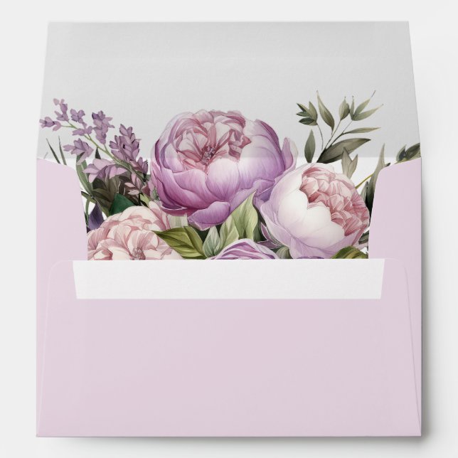 Boho Lilac Peonies Wedding Envelope (Back (Bottom))