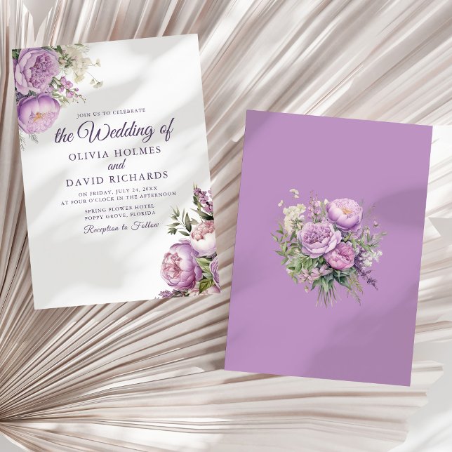 Boho Lilac Peonies Wedding Invitation (Boho Lilac Peonies Wedding Invitation on a neutral dry palm leaf.)
