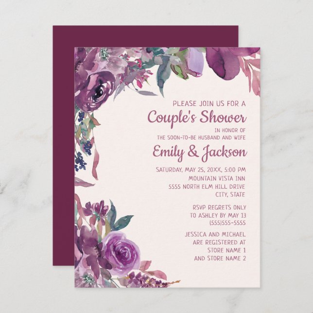 Boho Lilac Plum Purple Floral Couple's Wedding Invitation (Front/Back)