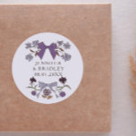 Boho Lilac Ribbons Floral Wedding Favour  Classic Round Sticker<br><div class="desc">Boho and rustic wedding favour sticker featuring hand drawn illustration of bows and flowers in lilac colours.</div>