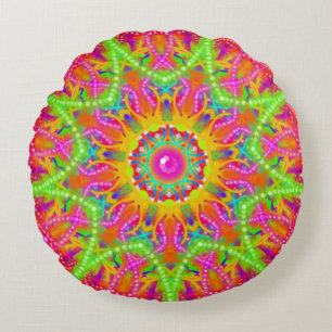 Boho Lime Green Star Mandala Round Pillow