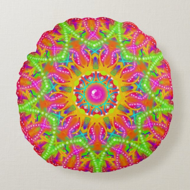 Boho Lime Green Star Mandala Round Pillow (Front)