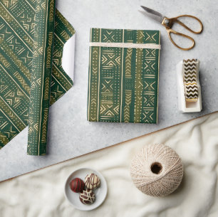 Boho Linear Mudcloth   Forest Moss Wrapping Paper