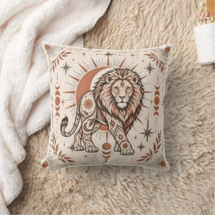Boho Lion Celestial Sun Moon Ornate Animal Art Throw Pillow