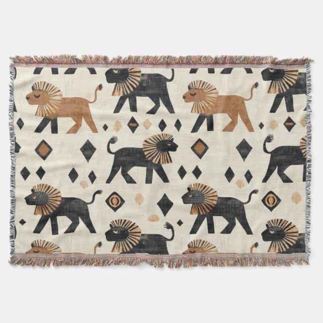 Boho Lion Tribal Safari Pattern Throw Blanket (Front)