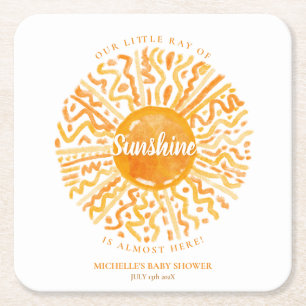 Boho Little Ray of Sunshine Orange Watercolor Sun Square Paper Coaster
