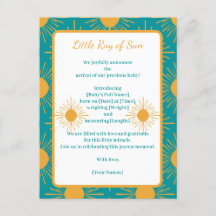 Boho Little Ray Sun Turquoise Birth Announcement