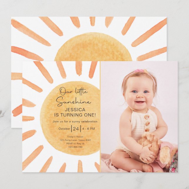 Boho Little Sunshine 1st Birthday Invite Sun (Front/Back)