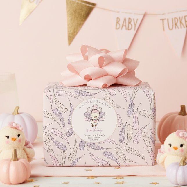 Boho Little Turkey & Feathers Baby Girl Shower Wrapping Paper (Cute Fall Thanksgiving Baby Shower for Baby Girl. Blush Pink Little Turkey Gingham Feathers Pattern.)