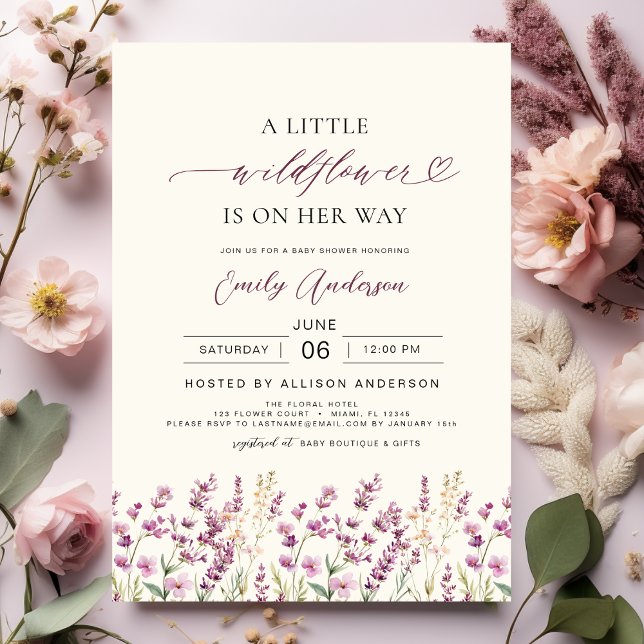 Boho Little Wildflower Purple Lavender Baby Shower Invitation (Creator Uploaded)