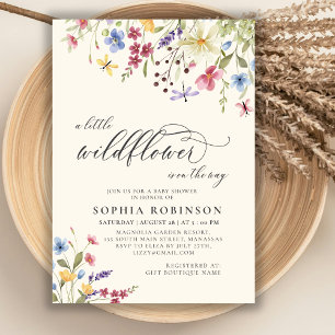 Boho Little Wildflower Script Beige Baby Shower Invitation