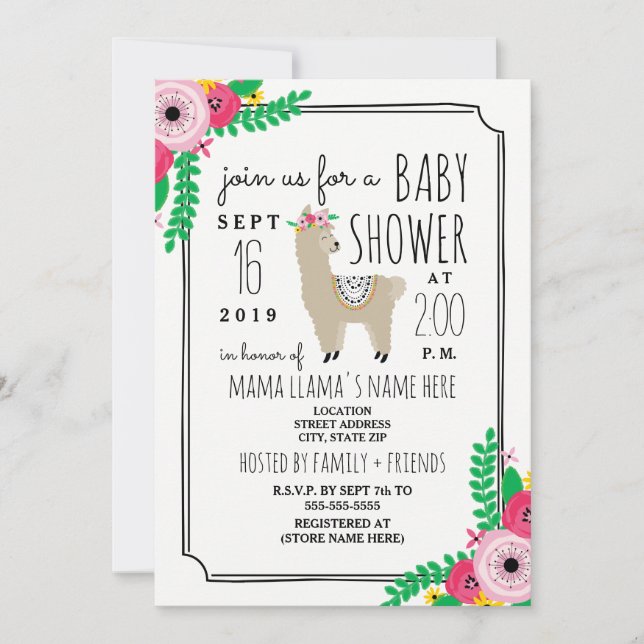 Boho Llama Baby shower Floral Invitation (Devant)