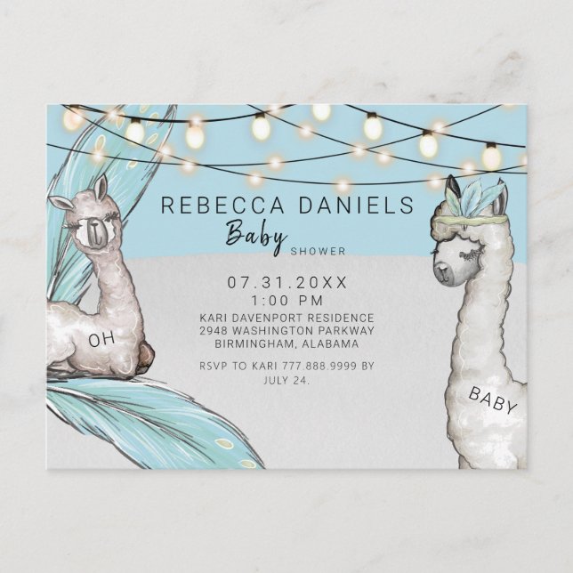Boho Llama Feather Oh Baby Boy Shower Announcement Postcard (Front)