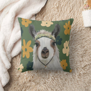 Boho Llama Green Retro Flowers Throw Pillow