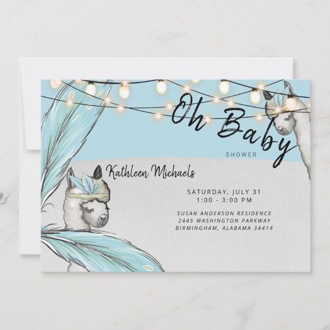  Boho Llama Llama Mama Oh Baby Boy Shower Matte Invitation (Front)