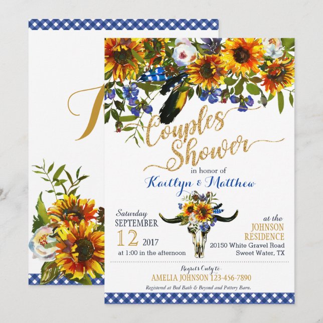 Boho Longhorn Cow Skull Floral Bridal Shower Invitation (Front/Back)
