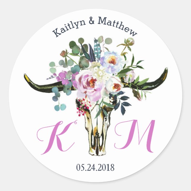 Boho Longhorn Skull Floral Modern Wedding Label (Front)