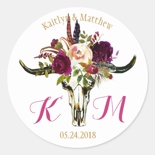 Boho Longhorn Skull Floral Modern Wedding Label (Front)