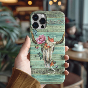 Boho Longhorn Skull Floral Monogram iPhone 16 Pro Max Case