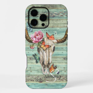 Boho Longhorn Skull Floral Monogram iPhone 16 Pro Max Case