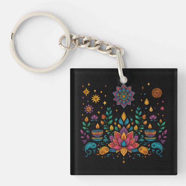 Boho Lotus Mind Meditation Art Keychain (Front)