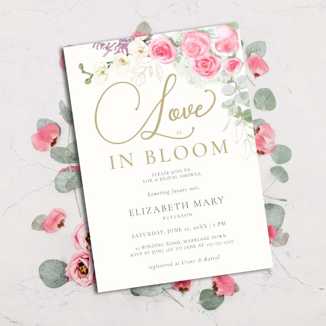 Boho Love in Bloom Roses Orchid Gold Bridal Shower Invitation (Creator Uploaded)
