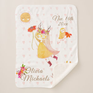 Boho Love Little Girl Owl Rabbit Date Name Sherpa Blanket
