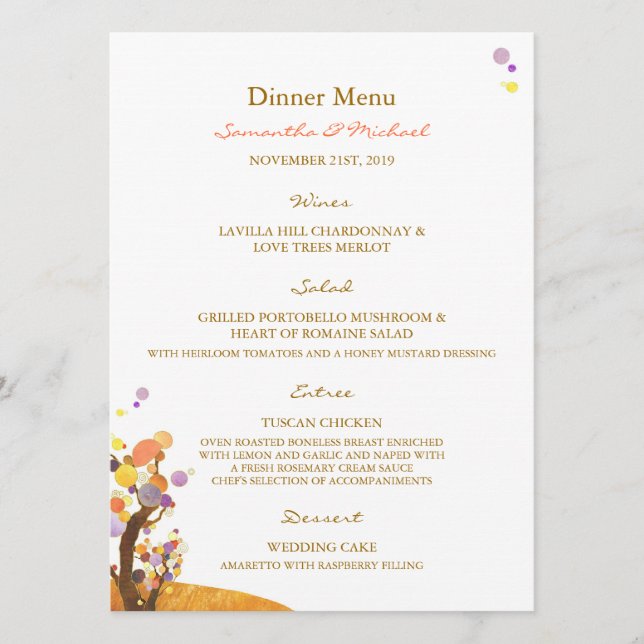 Boho Love Trees DIY Wedding Reception Dinner Menu (Front)
