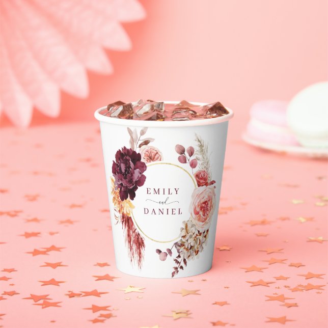 Boho Lush Pampas Grass Wedding Bridal Shower Paper Paper Cups (Insitu)
