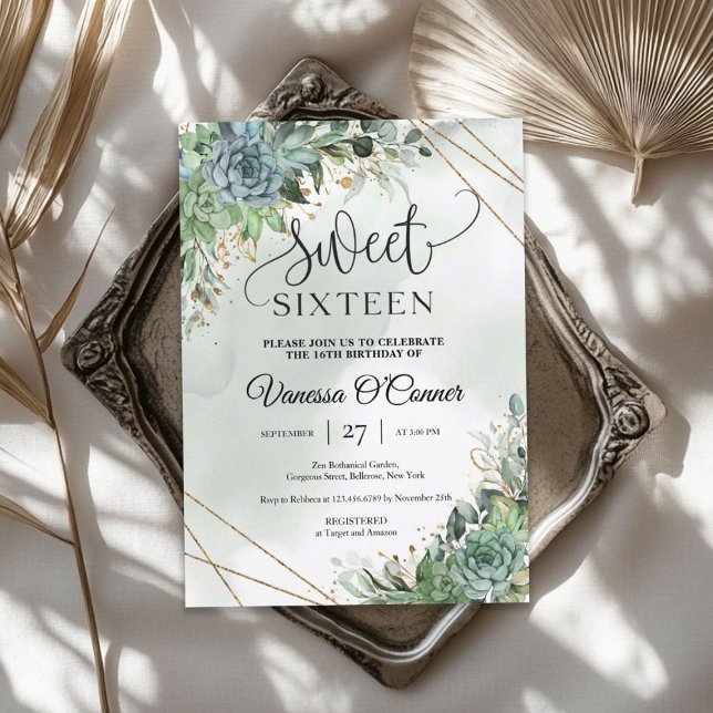 Boho lush succulents flowers eucalyptus gold frame invitation (Boho lush succulents flowers eucalyptus gold frame invitation)