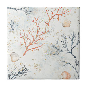 Boho Luxe Watercolor Coastal Coral Pattern (2) Tile
