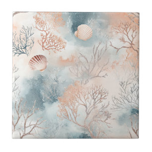 Boho Luxe Watercolor Coastal Coral Pattern (4) Tile