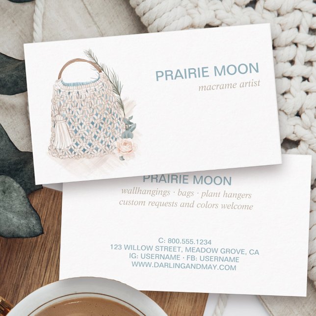 Boho Macrame Watercolor Bag Business Card (Boutique business card with boho feminine macrame crochet bag in neutral color story)