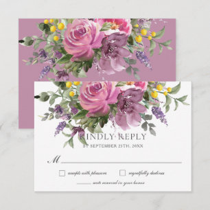 Boho Magenta Purple Pink Mauve Floral Wedding  RSVP Card