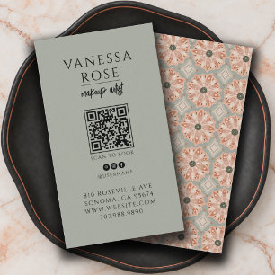 Boho Makeup Artist QR Code Terracotta Sage Floral Business Card