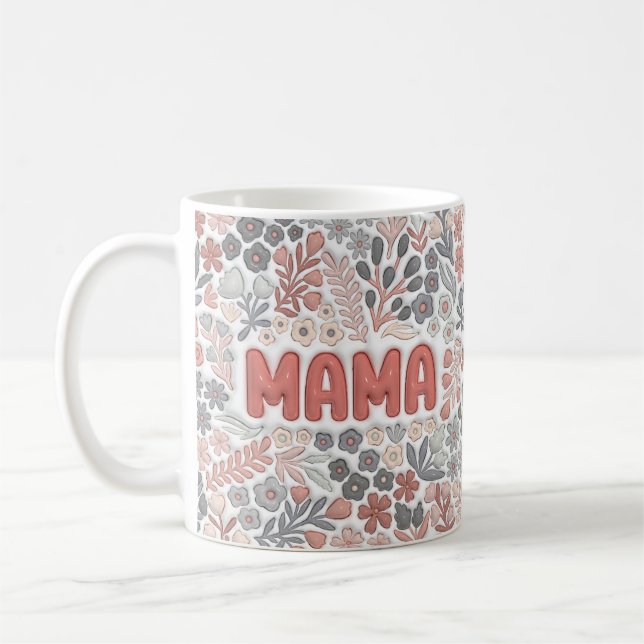 Boho Mama Grey Pink Floral 3D Effect Pattern Coffee Mug (Left)