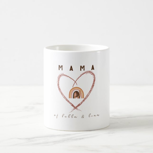 Boho Mama Text w/ Moon Feathers and Kid Names Coffee Mug (Center)