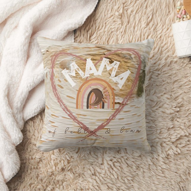Boho Mama Text w/ Moon Feathers and Kid Names Throw Pillow (Blanket)