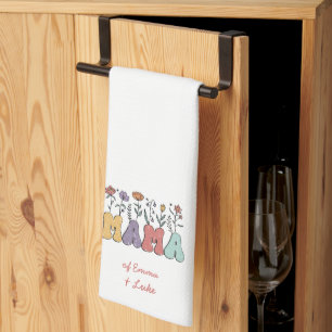 Boho Mama Text with Flowers and Kid Names Kitchen Towel