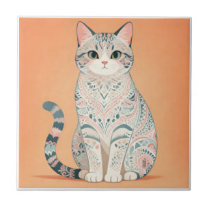 Boho Mandala Cat Pastel Ornamental Paisley Kitty Tile
