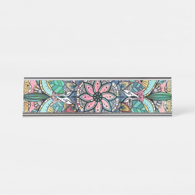 Boho Mandala Colourful Watercolor Floral Desk Name Plate (Front)