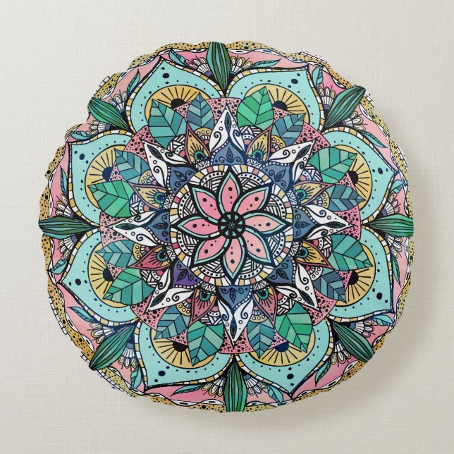 Boho Mandala Colourful Watercolor Floral Round Pillow (Front)