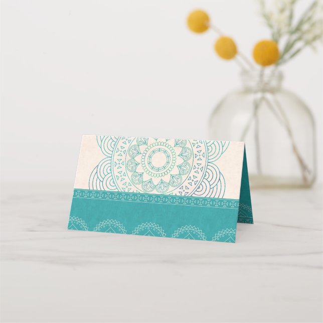 Boho Mandala Elegant Teal Wedding Table Place Card (Front)