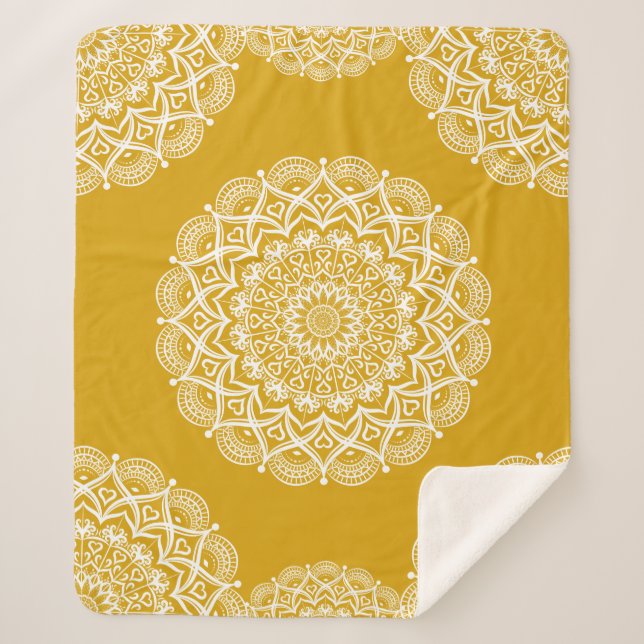 Boho Mandala Mustard Yellow Elegant Pattern Sherpa Blanket (Front)