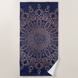 Boho Mandala Navy Blue Rose Gold Flower Beach Towel