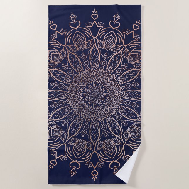 Boho Mandala Navy Blue Rose Gold Flower Beach Towel (Front)